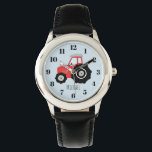 Boy's Red Farm Tractor with Name Kids Watch<br><div class="desc">This cute design is a part of a collection featuring cute transport doodles for children's apparel and accessories. The design features colourful hand-drawn doodle red tractor on blue, and can be personalized with your boy's name. Perfect for a farm and tractor loving kids first watch! Check out our store for...</div>