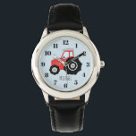 Boy's Red Farm Tractor with Name Kids Watch<br><div class="desc">This cute design is a part of a collection featuring cute transport doodles for children's apparel and accessories. The design features colourful hand-drawn doodle red tractor on blue, and can be personalized with your boy's name. Perfect for a farm and tractor loving kids first watch! Check out our store for...</div>