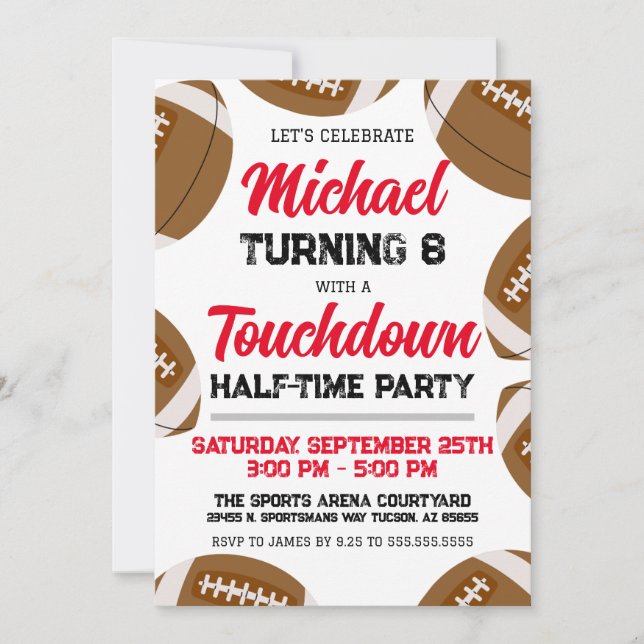 Boys Red Football Team Halftime Birthday Party Invitation (Front)