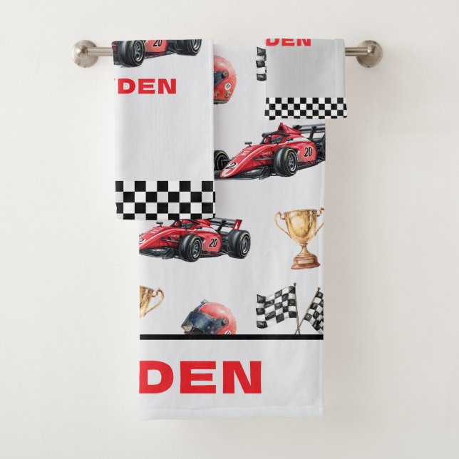 Boys Red Racing Car Pattern Personalized  Bath Towel Set (Insitu)