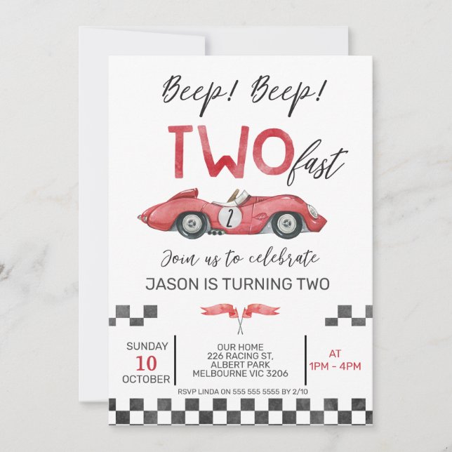 Boys Red Racing Car Two Fast 2nd Birthday Invitation (Front)
