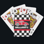 Boys red sports car name age playing cards<br><div class="desc">Motor sport playing card game set. A perfect gift for sports car fans,  rally drivers and back seat drivers. Customise this set with your  name and age or special number. Currently reads William's. Uniquely designed by Sarah Trett.</div>