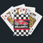 Boys red sports car name age playing cards<br><div class="desc">Motor sport playing card game set. A perfect gift for sports car fans,  rally drivers and back seat drivers. Customise this set with your  name and age or special number. Currently reads William's. Uniquely designed by Sarah Trett.</div>
