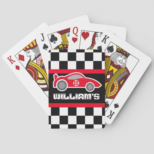 Boys red sports car name age playing cards (Back)