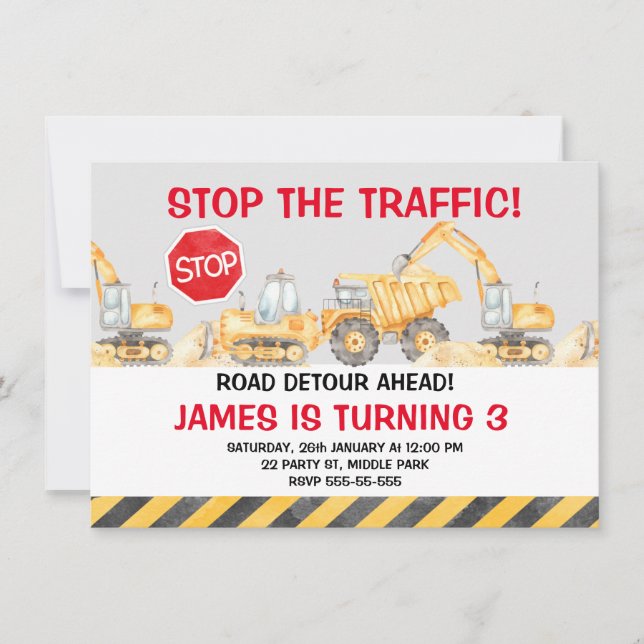 Boys Road Construction Stop The traffic Birthday Invitation (Front)