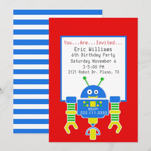 Boys Robot Birthday Party Invitation (Front/Back)