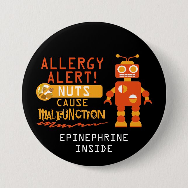 Boys Robot Tree Nut Peanut Allergy Alert 3 Inch Round Button (Front)