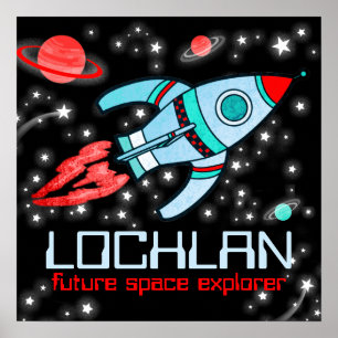 Boys rocket space customized blue red poster