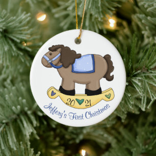 Boys Rocking Horse Baby's First Christmas Ceramic Ornament