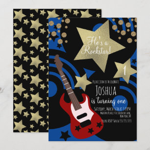 Boys Rockstar Guitar Faux Gold Star Rock Party Invitation