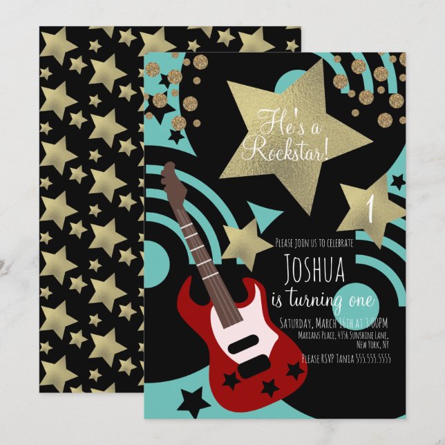 Boys Rockstar Guitar Faux Gold Star Rock Party Invitation (Front/Back)