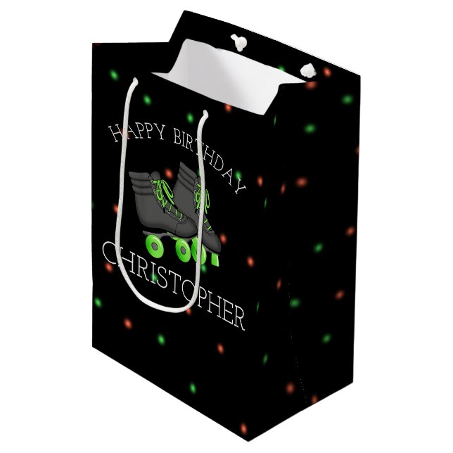 Boy's Roller Skate Birthday Party Personalized Medium Gift Bag (Front Angled)