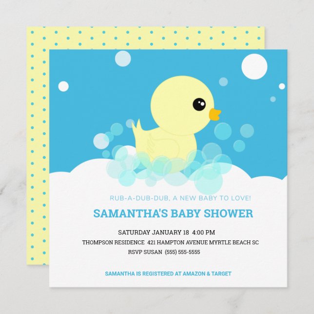 Boys Rubber Ducky Baby Shower Invitations (Front/Back)