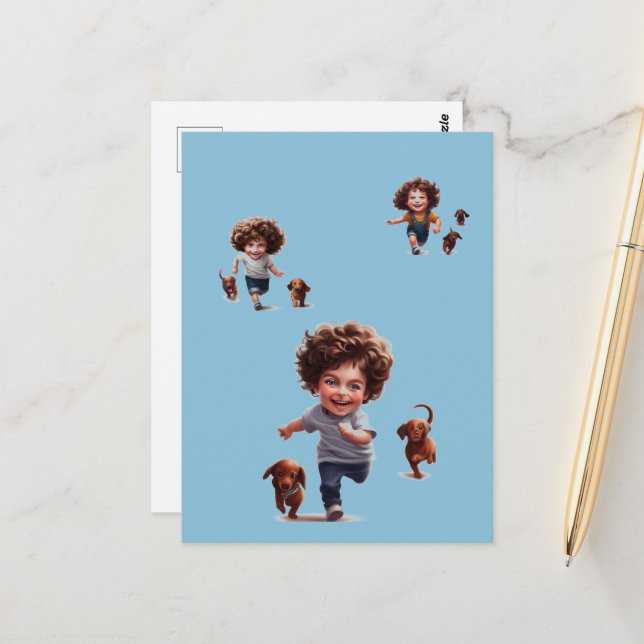 Boys running with Dachshunds Postcard (Front/Back In Situ)