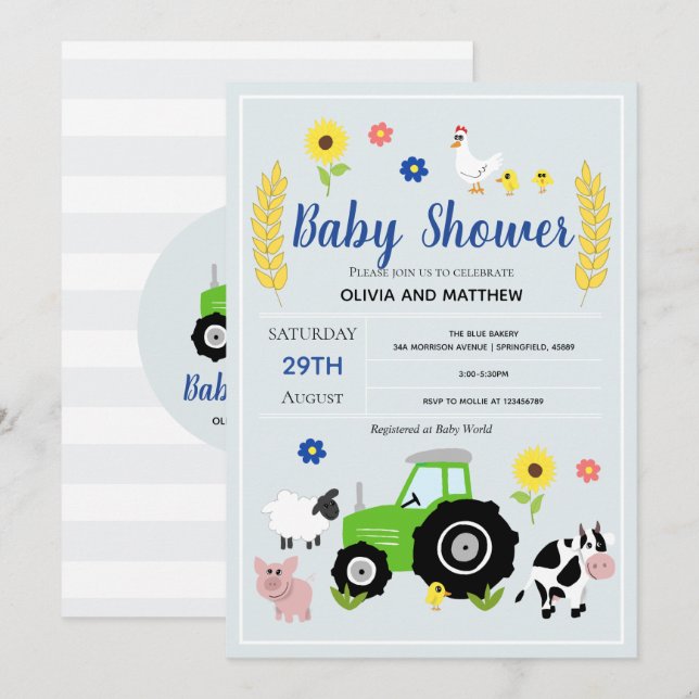 Boys Rustic Country Farm Green Tractor Baby Shower Invitation (Front/Back)