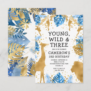 Boys Safari 3rd Birthday Blue Gold Invitation