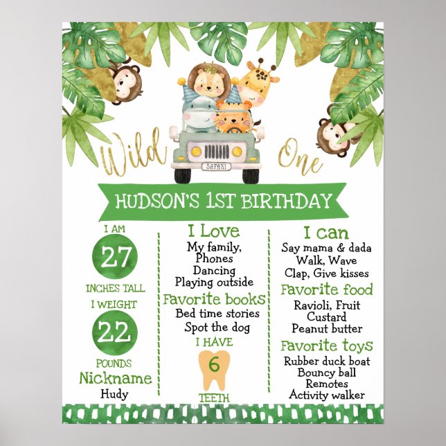 Boys Safari Animals 1st Birthday Milestone Poster (Front)