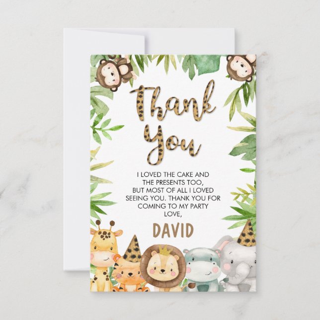 Boys Safari Animals Birthday Thank You Card (Front)