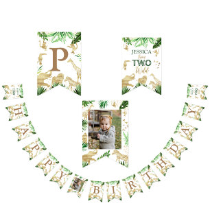 Boys Safari Animals Two Wild 2nd Birthday Photo Bunting Flags