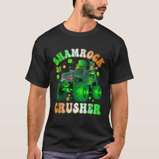Boys Saint Patricks Day Monster Truck Shamrock Cru T-Shirt (Front)