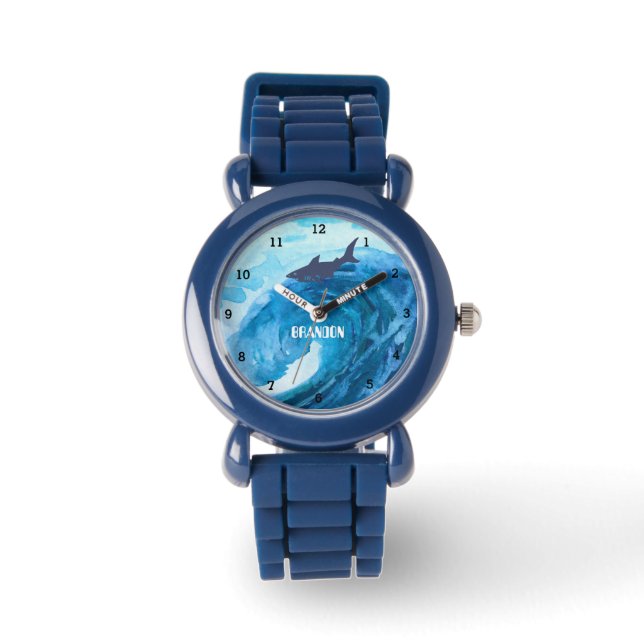 Boys Shark Ocean Fish Cute Modern Blue Kids Watch (Front)