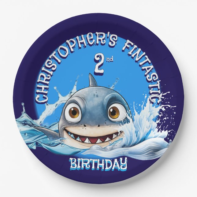 Boys shark party theme Fintastic age Paper Plate (Front)