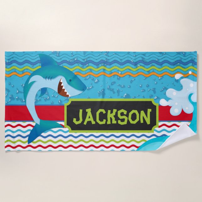 Boys Shark Personalized with name Beach Towel (Front)