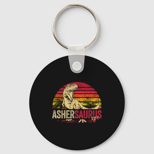 Boys Shirt Asher Saurus Dinosaur Rex Name Keychain (Front)