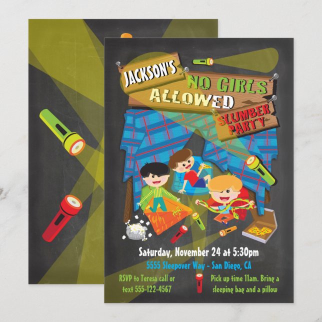 Boys Sleepover Slumber Party invitations (Front/Back)