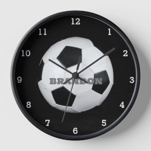 Boys Soccer Ball Black Stylish Custom Name Kids Clock