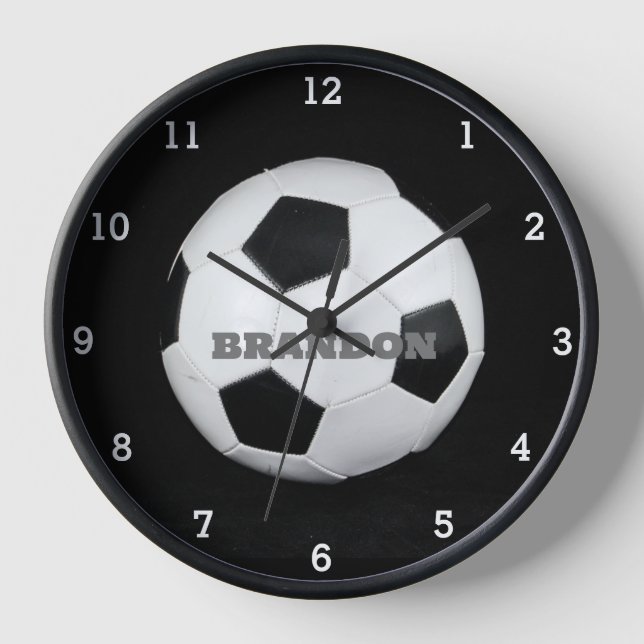 Boys Soccer Ball Black Stylish Custom Name Kids Clock (Front)