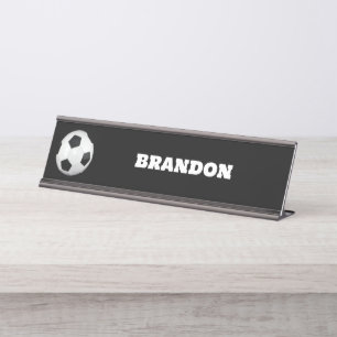 Boys Soccer Ball Black Stylish Custom Name Kids Desk Name Plate