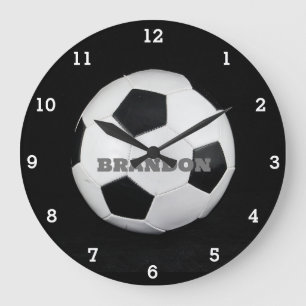 Boys Soccer Ball Black Stylish Custom Name Kids Large Clock