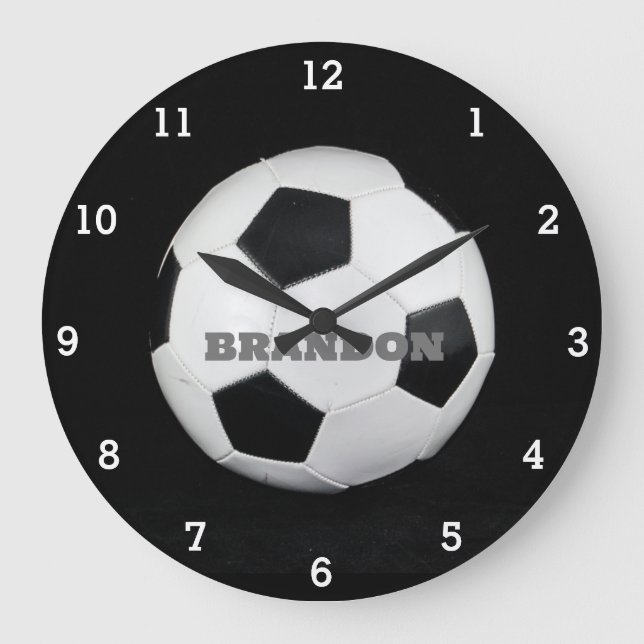 Boys Soccer Ball Black Stylish Custom Name Kids Large Clock (Front)