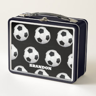 Boys Soccer Ball Black Stylish Custom Name Kids Metal Lunch Box