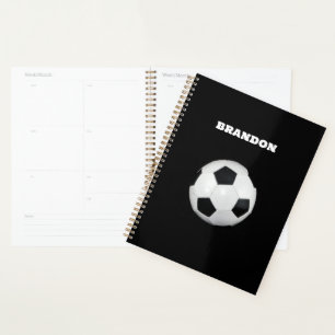 Boys Soccer Ball Black Stylish Custom Name Kids Planner