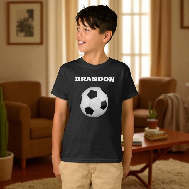Boys Soccer Ball Black Stylish Custom Name Kids T-Shirt (Creator Uploaded)