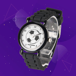 Boys Soccer Ball Black Stylish Custom Name Kids Watch