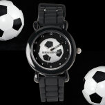 Boys Soccer Ball Black Stylish Custom Name Kids Watch<br><div class="desc">Soccer ball watch for kids. Custom,  Kids,  Name,  steel black leather boys watch. Personalize it with your child's name.</div>