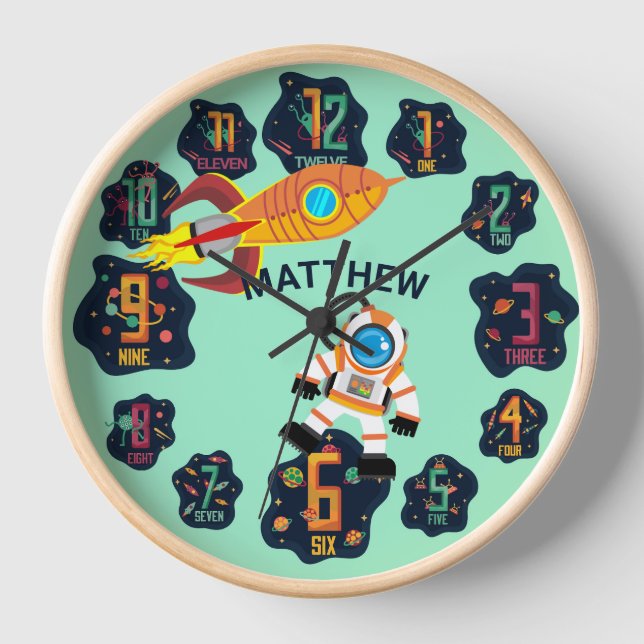 Boys Space Astronaut Rocket Planets Aliens Wall La Clock (Front)