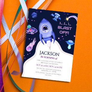 Boys Space Birthday Blast Off Rocket 4th birthday Invitation