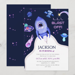 Boys Space Birthday Blast Off Rocket 4th birthday Invitation