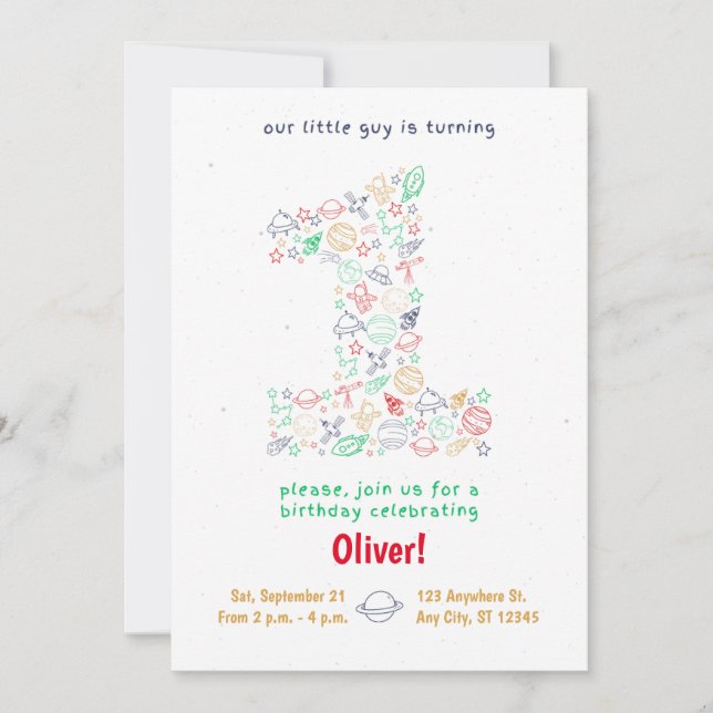 Boys Space First Birthday Invitation (Devant)