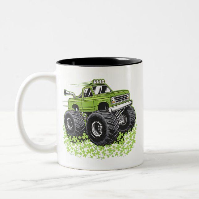 Boys St Patricks Day Toddler Lucky Monster Truck  Two-Tone Coffee Mug (Left)