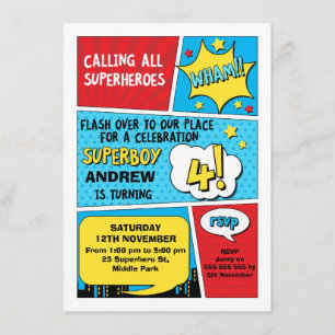 Boys Superhero 4ème anniversaire Invitation