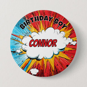 Boys Superhero Birthday Boy Personalised Badge 3 Inch Round Button