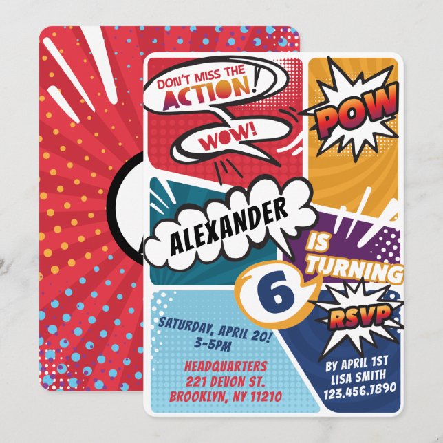 Boy's Superhero Comic Book Birthday Invitation (Front/Back)
