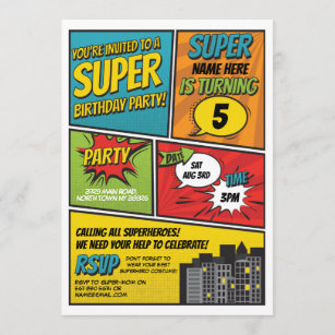 Boy's Superhero Invitation Party Blue Red Comic