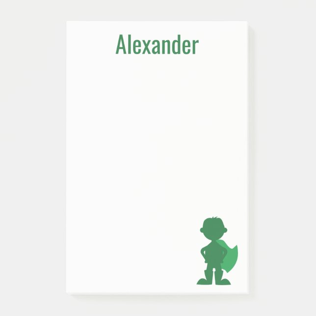 Boys Superhero Personalized Green Silhouette Post-it Notes (Front)