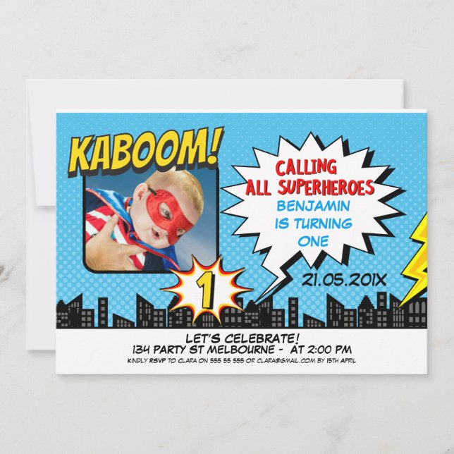 Boys Superhero Photo 1er anniversaire Invitation (Devant)